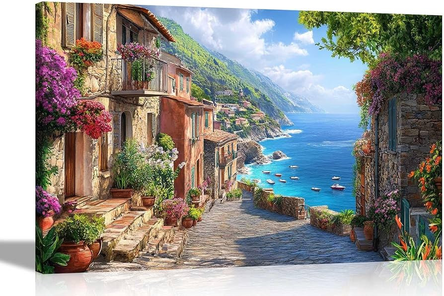 Artley Prints - Mediterranean Mountain Landscape Seashore View Canvas Wall Art Prints Colourful P... | Amazon (UK)