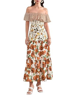 Woman Summer Floral Off Shoulder Long Dress Elastic Ruffled Short Sleeves Maxi Dresses Slim Fit S... | Amazon (US)