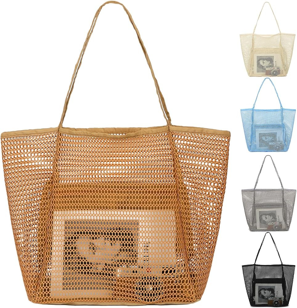 Fammart Mesh Beach Bag for Women, Summer Straw Tote Hobo Pool Bags with Zipper Pocket, Travel Vac... | Amazon (US)