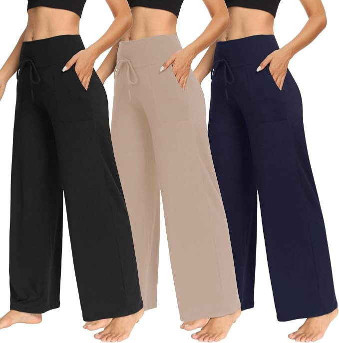 TNNZEET 3 Pack Women's Wide Leg Pants with Pockets - Casual Loose Yoga Trouser Pants Sweatpants P... | Amazon (US)