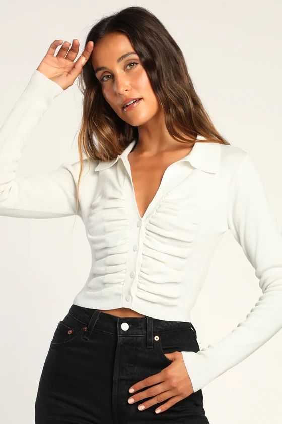 Familiar Fave White Ruched Button-Up Sweater Top | Lulus (US)