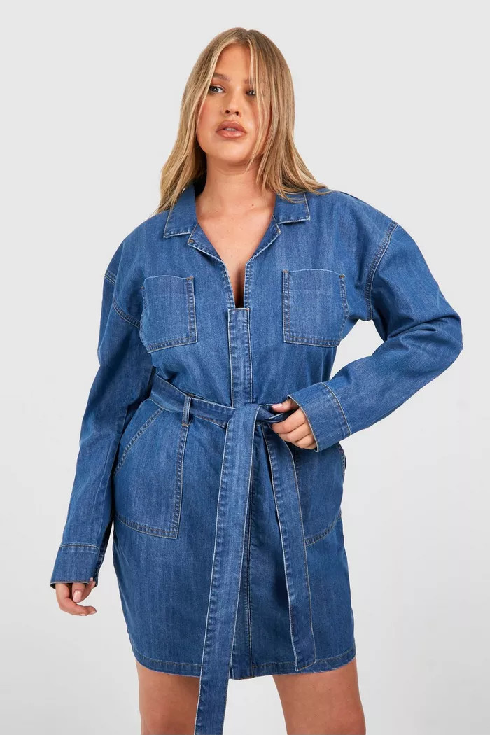Plus Denim Pocket Tie Belt Dress | boohoo (US & Canada)