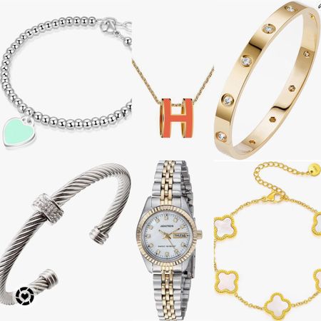 Shop The Look
Look for less
Amazon finds 
Tiffany & Co
Silver beaded blue heart charm bracelet 
Hermes orange H gold necklace 
Womens small two tone rolex watch
Gold Cartier bangle
Silver David yurman cuff
Can cleef gold and pearl bracelet 
Look a like
Affordable 
Amazon style 
Gift idea
Get the designer look


#LTKFind #LTKunder50 #LTKGiftGuide