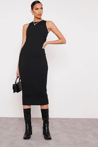 Black Premium Ribbed Racer Bodycon Midaxi Dress | ISAWITFIRST UK