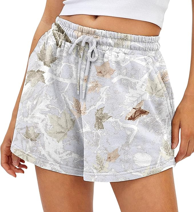 Camo Sweat Shorts for Women Drawstring Elastic Waist Maple Leaf Print Lounge Athletic Shorts with... | Amazon (US)