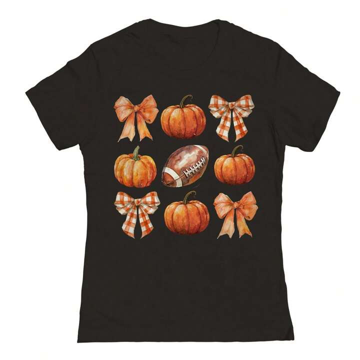 Nearly There Pumpkin Football Tiled Fall Halloween Graphic Ladies Cotton T-Shirt | SHEIN