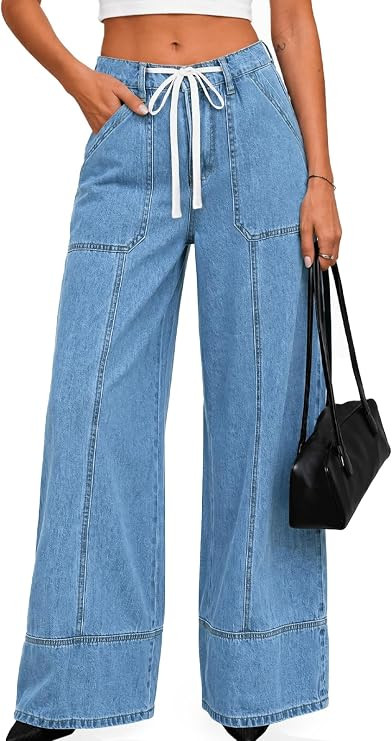 Flowyair Womens Baggy Drawstring Wide Leg Jeans High Waisted Seam Pants | Amazon (US)