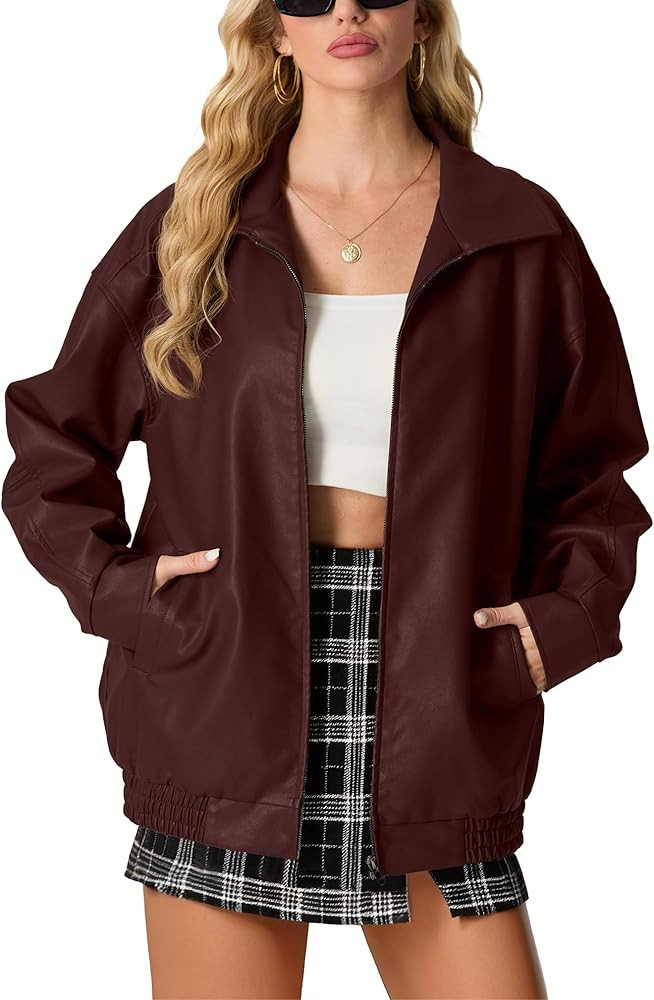 Lepunuo Leather Jacket for Women Oversized Faux Leather Moto Biker Coat Fall Fashion Winter Outfi... | Amazon (US)