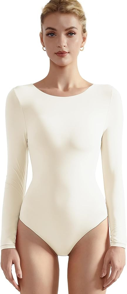 SUUKSESS Women Crew Neck Long Sleeve Bodysuit Sexy Thong Bodysuit Shirts | Amazon (US)