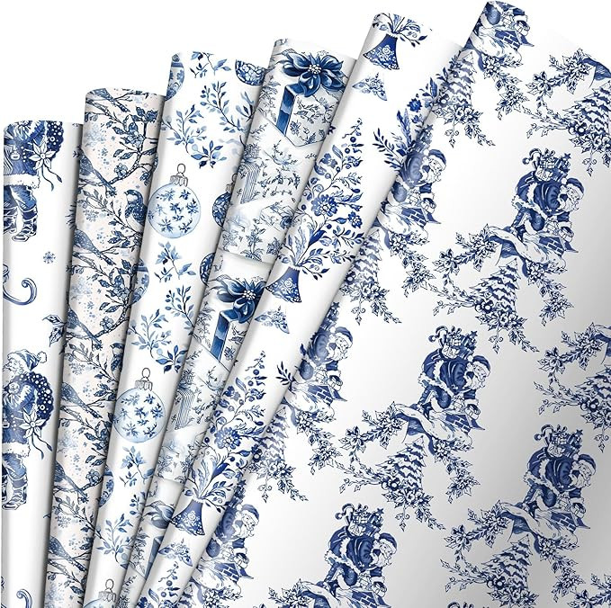 Watersay 12 Sheets Vintage Christmas Wrapping Paper Blue Toile Xmas Gift Wrap Paper 19 x 27 Inche... | Amazon (US)