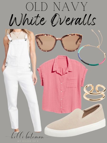 Old navy Outfit idea. White overalls. Pink button short sleeve blouse, slide on sneakers, sunglasses and jewelry. 

#LTKfit #LTKunder100 #LTKstyletip