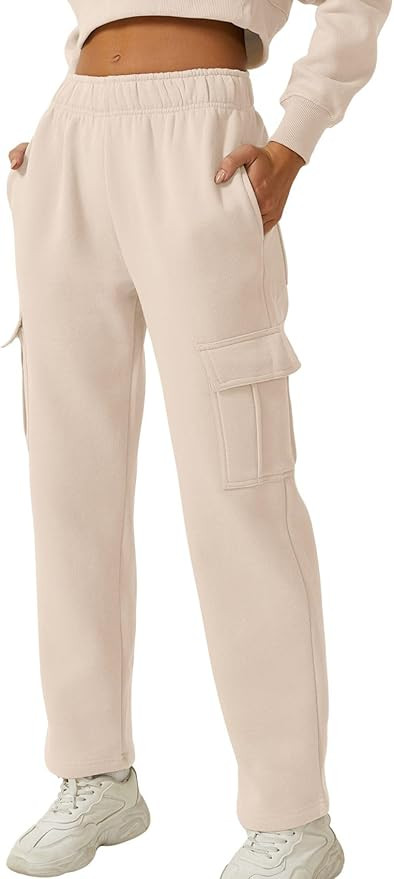 QINSEN Womens Medium Waist Baggy Elastic Waist Sweatpants Casual Fleece Long Pants with Pockets | Amazon (US)