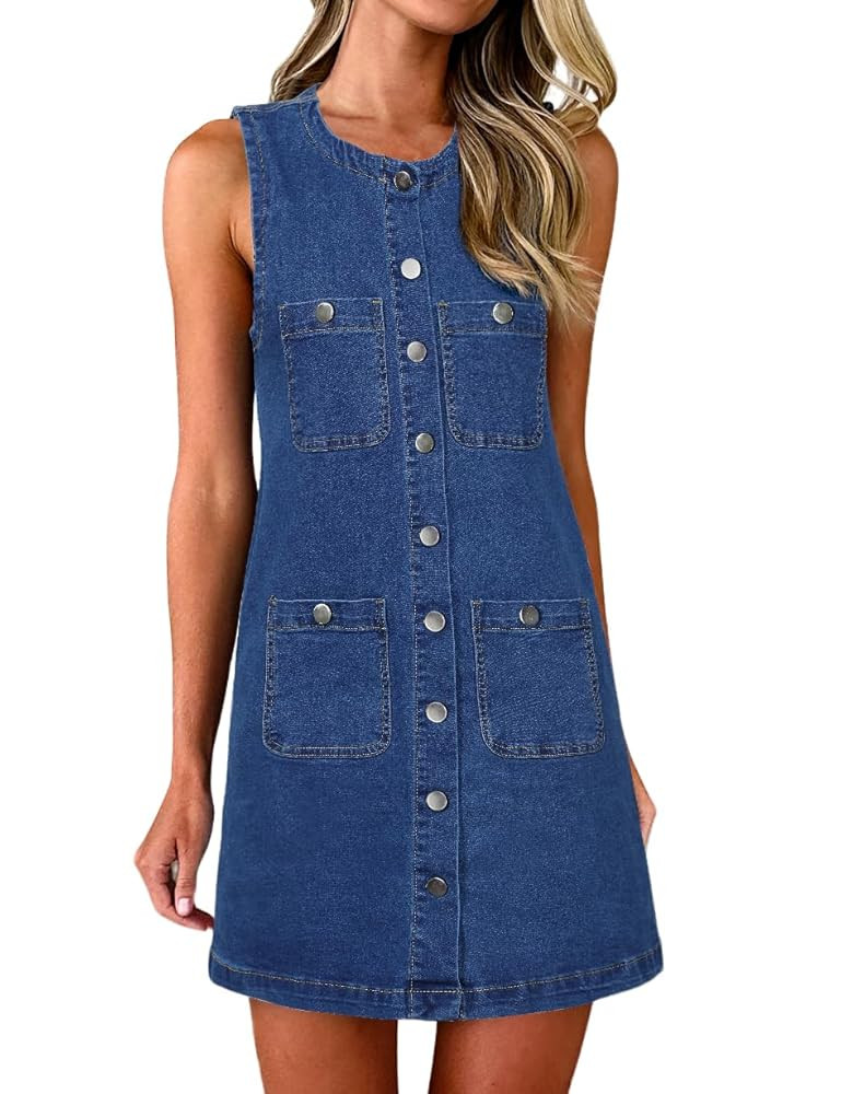 Denim Dress for Women, Sleeveless Jean Dress Button Down Dresses Casual Summer Denim Mini Dresses... | Amazon (US)