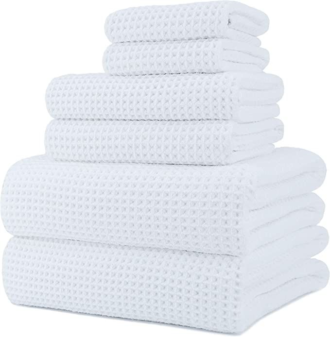 POLYTE Oversize, 60 x 30 in., Quick Dry Lint Free Microfiber Bath Towel Set, 6 Piece (White, Waff... | Amazon (US)