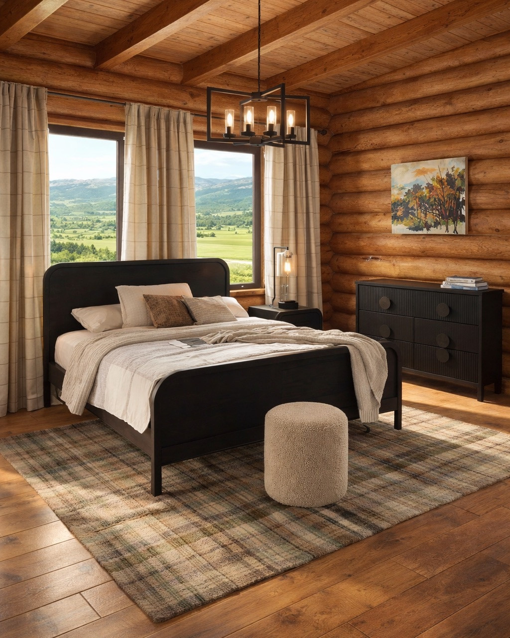 Cabin bedroom design! Who is ready for Summer break? I love the elegant black furniture—affordable bed, nightstand and black dresser. Neutral ottoman and plaid rug and curtains. Affordable chandelier from Wayfair. #cabin #homedecor

#LTKHome #LTKTravel #LTKSeasonal