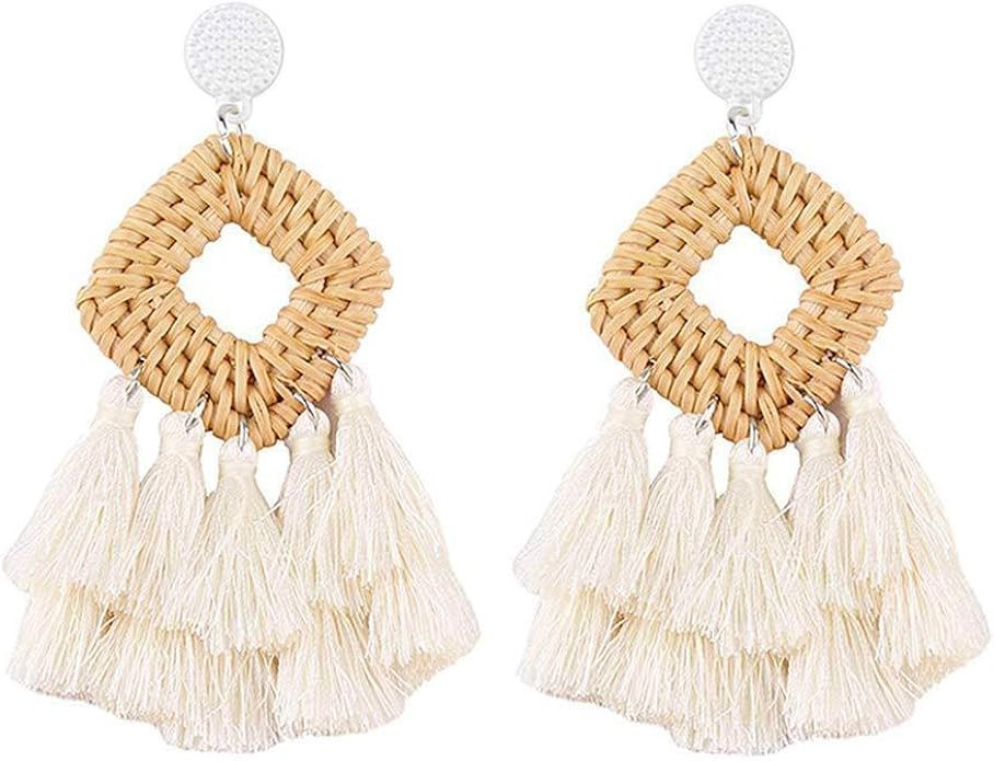 WFYOU Rattan Tassel Earrings for Women Bohemian Statement Handmade Woven Drop Dangle Earrings | Amazon (US)
