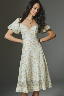 ASTR The Label Mayra V-Neck A-Line Puff-Sleeve Midi Dress | Anthropologie (US)