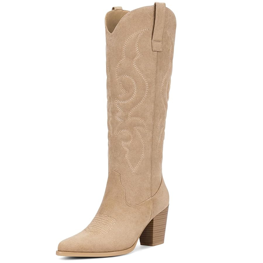 Pasuot Suede Cowboy Boots for Women - Western Knee High Cowgirl Boots with Side Zipper, Retro Poi... | Amazon (US)