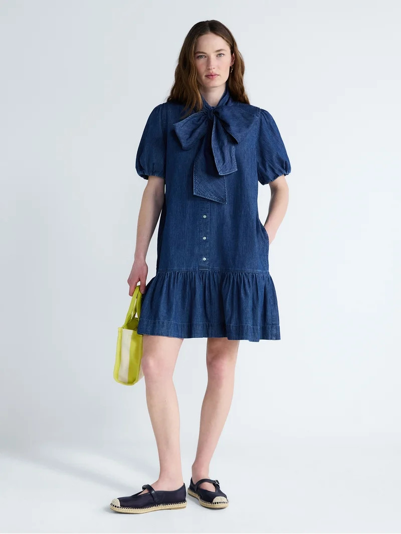 Free Assembly Women's Tie Neck Denim Mini Dress, Sizes XS-XXL | Walmart (US)
