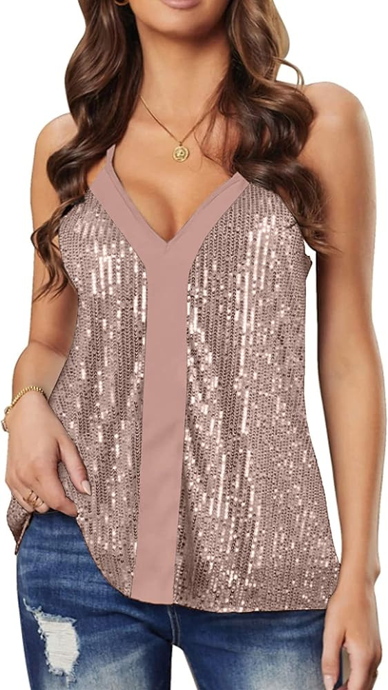 LHBNK Women's Sleeveless Sparkle Sequin Tank Tops V-Neck Cami Sexy Club Shimmer Camisole Vest Racerb | Amazon (US)