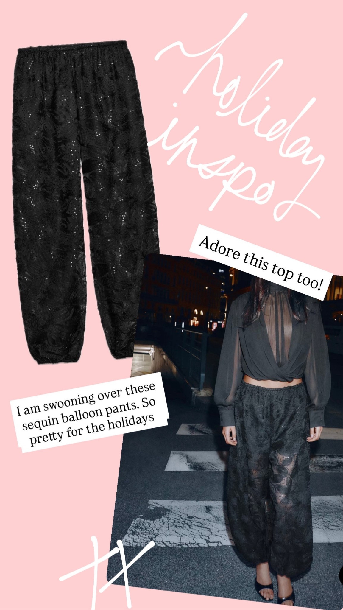 Obsessed with these pieces from Zara! Adore the sequin balloon pants and the top!

Holiday looks // black chiffon top // sequin pants // all black outfit

#LTKootd #LTKHoliday