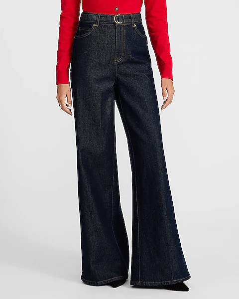 High Waisted Dark Wash Rinse Belted Wide Leg Jeans | Express