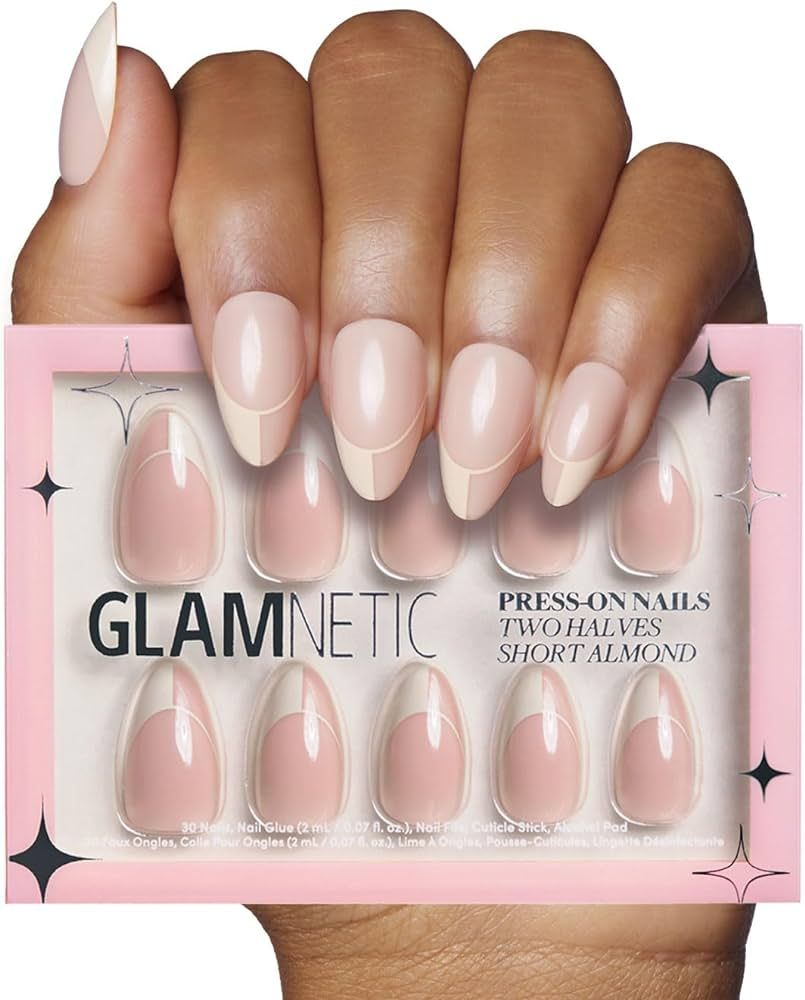 Glamnetic Press On Nails - Two Halves | Short Almond Trendy Nude French Tip Nails with a Glossy F... | Amazon (US)