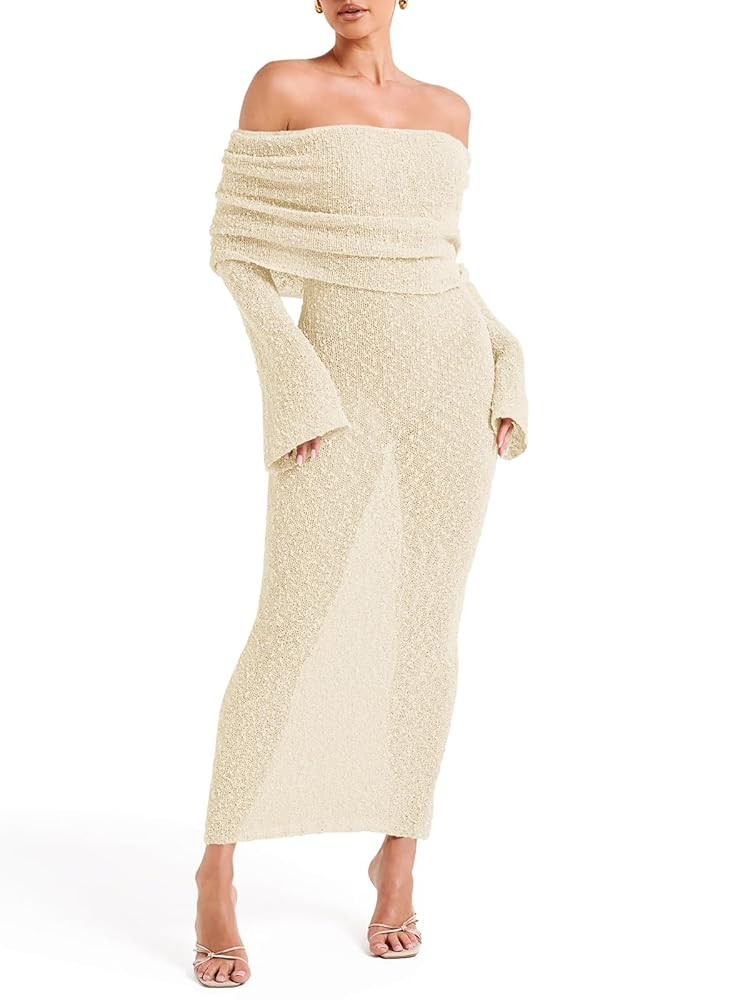 Saodimallsu Womens Off Shoulder Summer Maxi Dress Bell Long Sleeve Sexy Bodycon Strapless Sheer B... | Amazon (US)