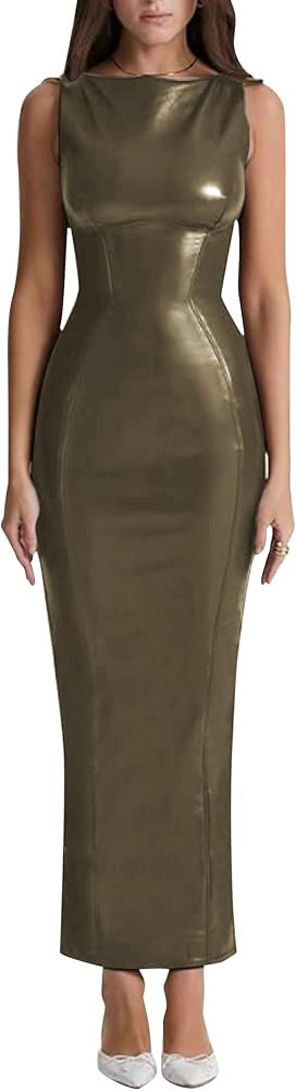 GOOHO Women's Faux PU Leather Bodycon Maxi Dress Sexy Boatneck Tank Long Dresses | Amazon (US)
