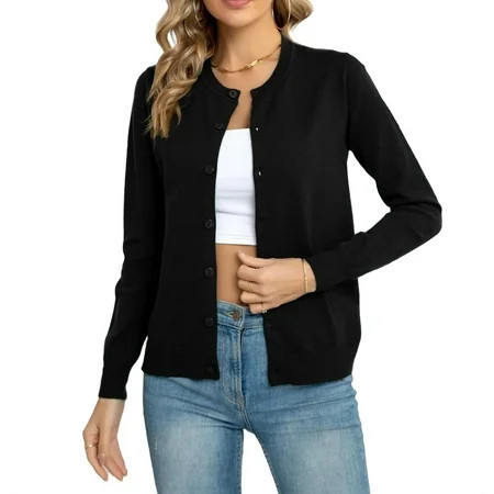 Casual Solid Round Neck Long Sleeve Black Women Cardigans (Women s) | Walmart (US)