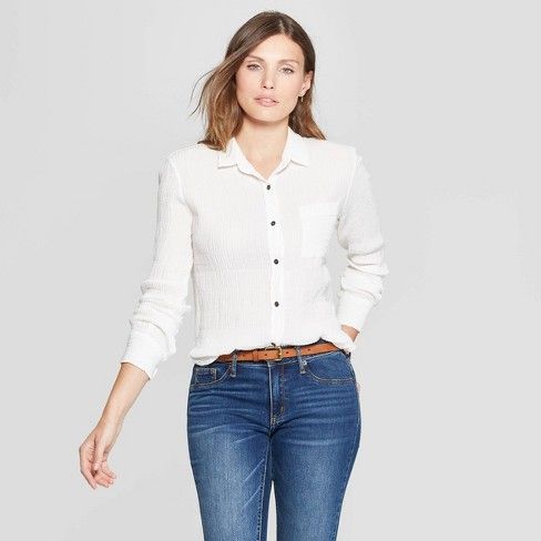 Women's Long Sleeve Collared Front Button-Down Shirt - Universal Thread™ White | Target