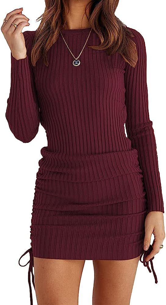 OWIN Women's Long Sleeve Ribbed Knit Casual Bodycon Mini Dress Ruched Drawstring Fall Pullover Sw... | Amazon (US)