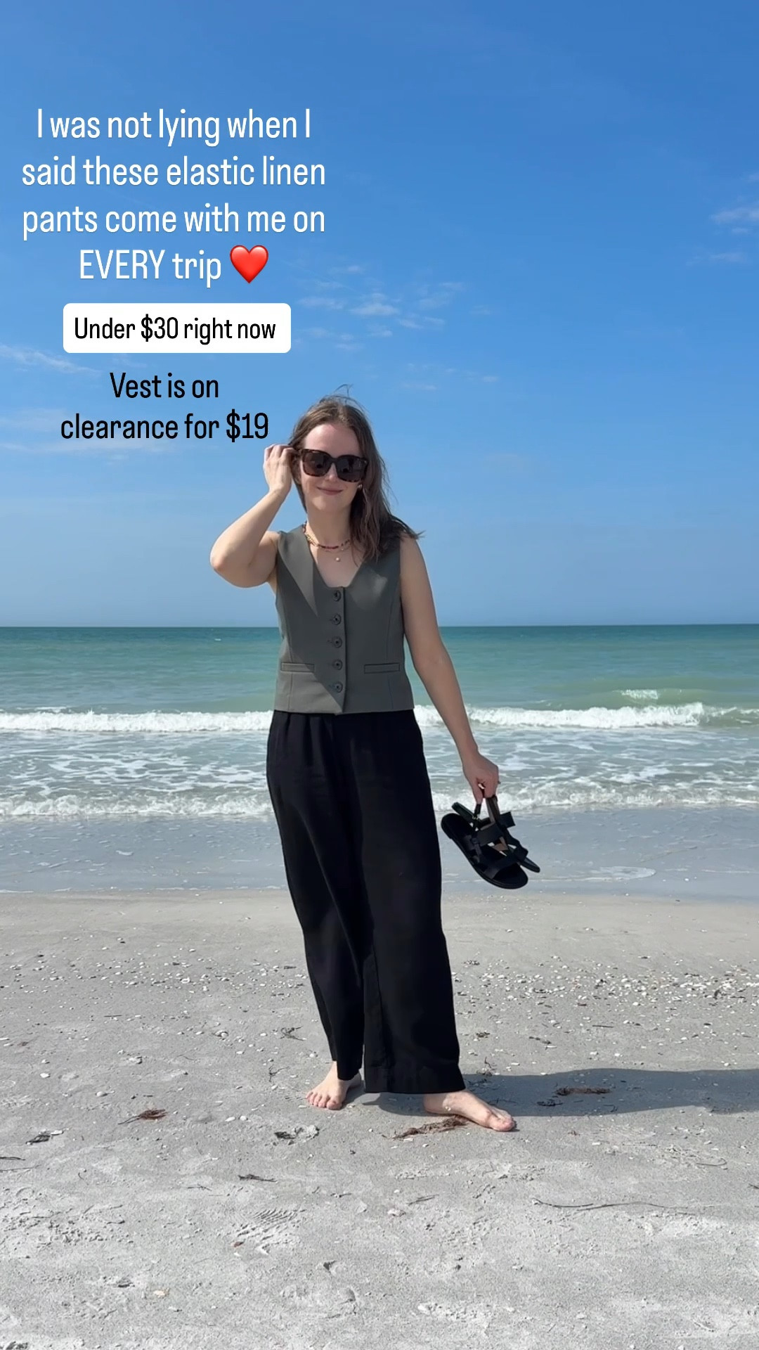 On sale vacation outfit for women. 
Elastic linen pants XS petite under $30. 
$19 vest wearing xs. Slight relaxed fit

#LTKSaleAlert #LTKPetite