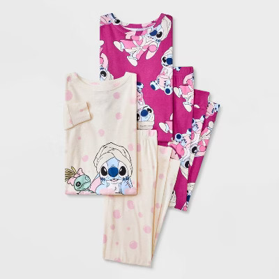 Girls' 4pc Lilo & Stitch Long Sleeve Pajama Set - White 4 | Target