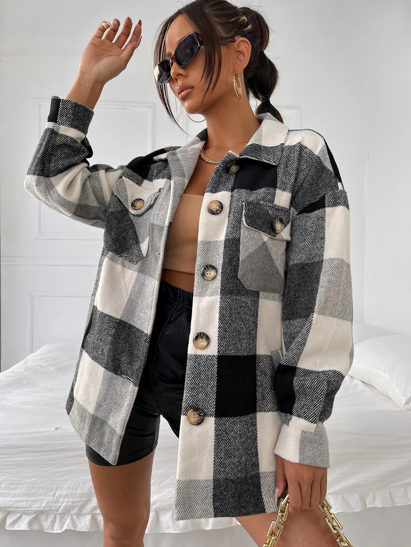 SHEIN Drop Shoulder Flap Pocket Buffalo Plaid Print Coat | SHEIN