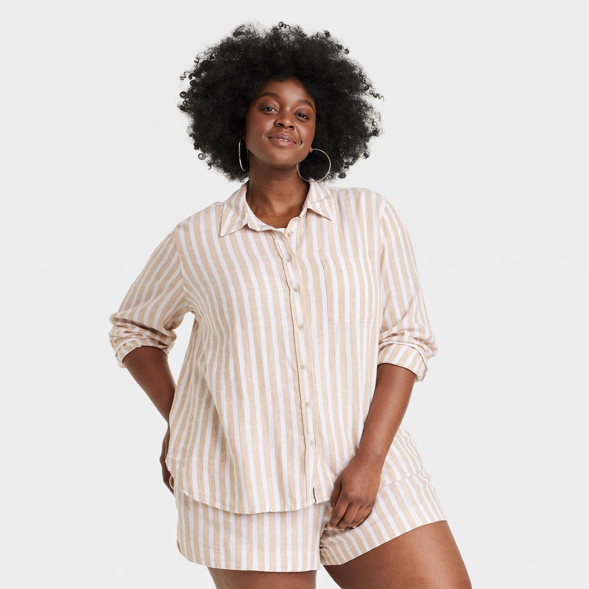 Women's Linen Long Sleeve Collared Button-Down Shirt - Universal Thread™ Tan Striped 2X | Target