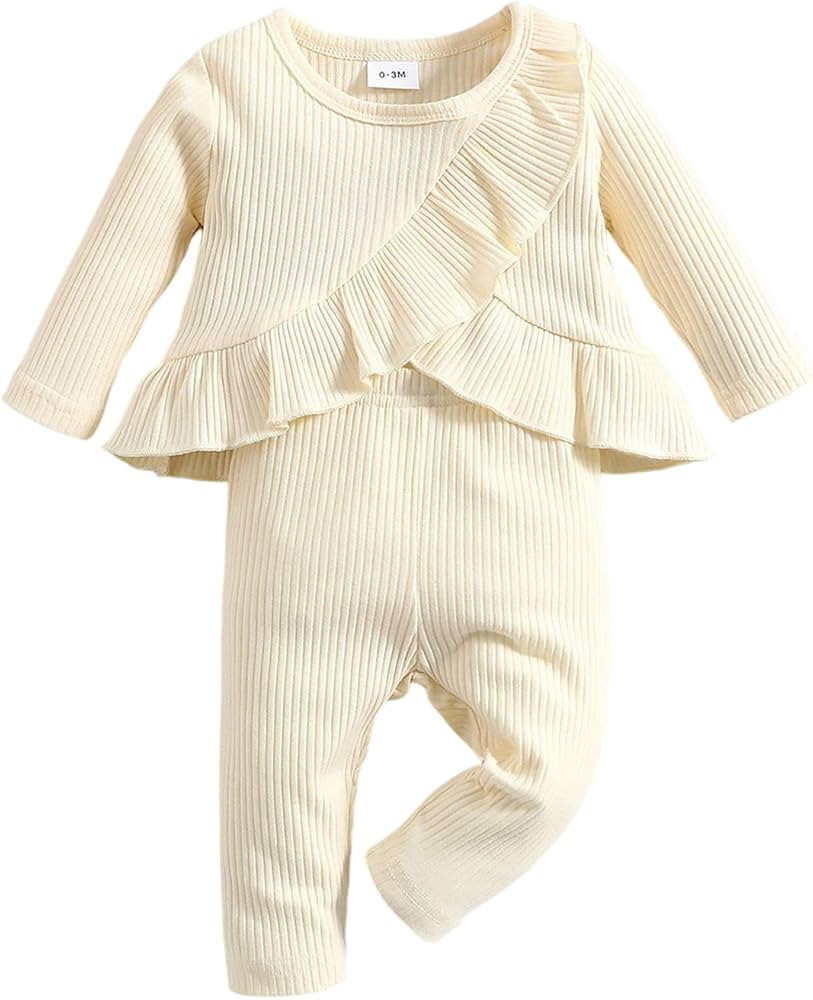 Newborn Baby Girl Clothes Long Sleeve Ruffle Ribbed Solid Color Sweatshirt Tops Flare Pants Bell ... | Amazon (US)