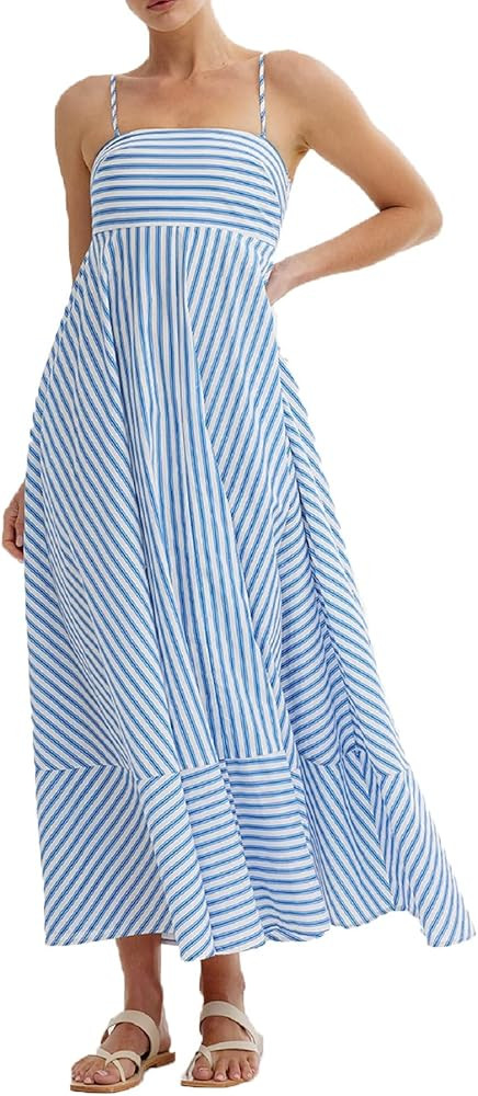Women Striped Maxi Dress Smocked Backless Spaghetti Strap Long Flowy Dress Sleeveless Boho Aline ... | Amazon (US)