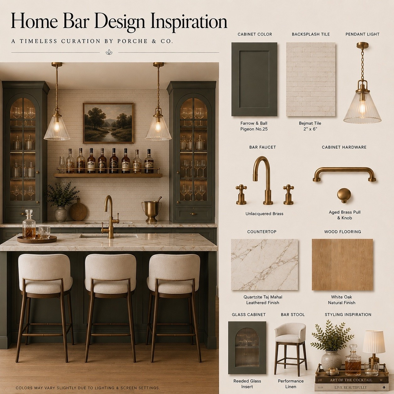 Rich olive cabinetry, warm unlacquered brass, and timeless natural finishes create a home bar that feels both elevated and inviting. ✨

This home bar pairs deep olive cabinetry with creamy handcrafted tile, Taj Mahal quartzite countertops, white oak flooring, and layered brass details to create a sophisticated space designed for effortless entertaining and everyday living.

Featured finishes:
• Farrow & Ball Pigeon No.25 cabinetry
• Bejmat 2” x 6” backsplash tile
• Taj Mahal Quartzite leathered countertops
• White Oak natural finish flooring
• Unlacquered brass bar faucet
• Aged brass cabinet hardware
• Glass pendant lighting
• Reeded glass cabinet inserts
• Upholstered performance linen bar stools
• Modern transitional home bar design
• Neutral home bar inspiration

A timeless blend of warmth, character, and refined functionality—perfect for gathering, entertaining, and creating memorable moments. 🤍

#HomeBar #HomeBarDesign #BarDesign #HomeBarInspiration #FarrowAndBall #PigeonNo25 #TajMahalQuartzite #WhiteOak #BrassHardware #BrassFixtures #ReededGlass #NeutralInteriors #ModernTraditional #TransitionalDesign #LuxuryHome #InteriorDesign #CustomCabinetry #HomeRenovation #DesignInspiration #HomeDecor #TimelessDesign #PorcheAndCo #EntertainingAtHome #HomeStyling #LuxuryInteriors #InteriorInspiration #DreamHome #LTKHome

#LTKHome #LTKvlog #LTKSeasonal