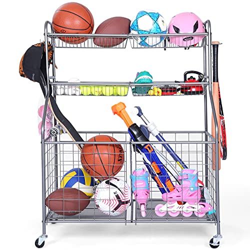 Kinghouse Sports Organizer for Garage, Garage Sports Equipment Organizer, Garage Toy Storage, Nerf Gun Storage Rack, Storage Organization on Wheels for School, Garage, Steel (Grey) | Amazon (US)