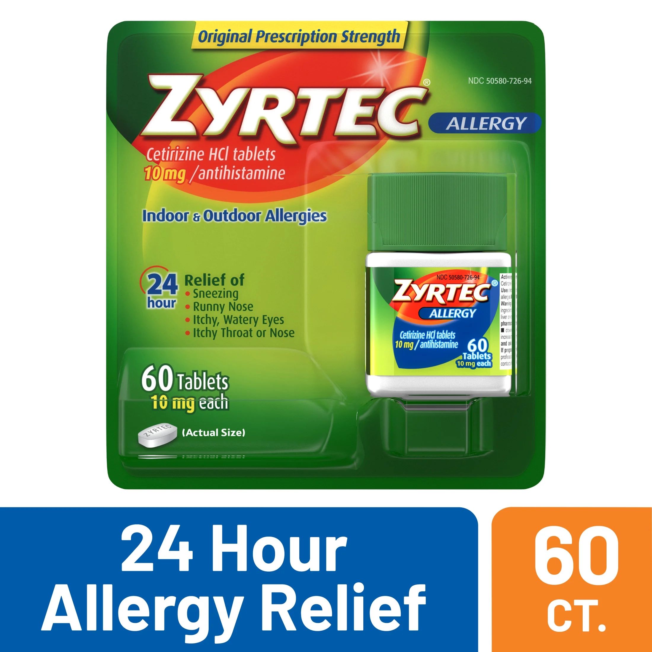 Zyrtec 24 Hour Allergy Relief Tablets with 10 mg Cetirizine HCl, 60Ct | Walmart (US)