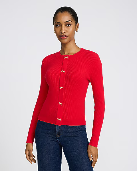 Airy Soft Skimming Ribbed Bow Button Cardigan | Express