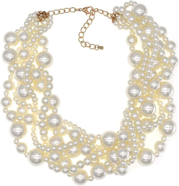 CIOOU Womens Imitation Pearl Twisty Chunky Bib Necklace Chokers for Wedding Party | Amazon (US)