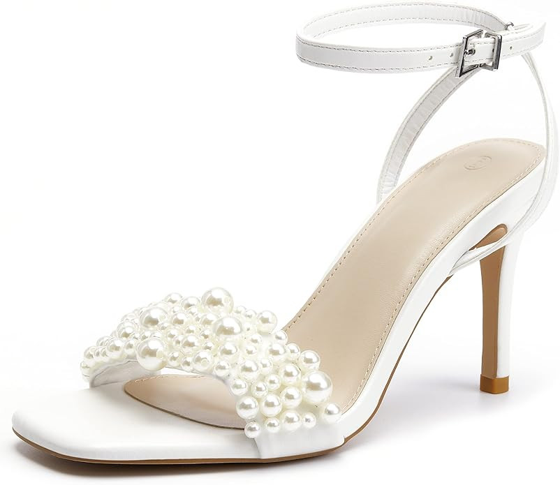 Coutgo Women's Open Toe Heeled Sandals Pearl Strap Stiletto Heel Ankle Buckle Strap Summer Shoes ... | Amazon (US)