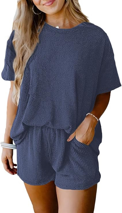 SHEWIN Two 2 Piece Sets for Women Short Sleeve Shirts High Waisted Shorts with Pockets Pajamas Lo... | Amazon (US)