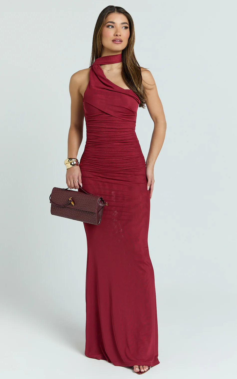 Larson Maxi Dress - Asymmetric Tie Neck Column Dress in Wine | Showpo (US, UK & Europe)