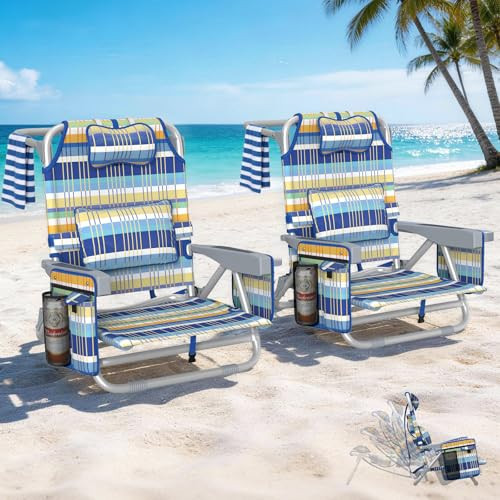 5-Position Backpack Beach Chairs for Adults, Foldable Heavy-Duty Beach Chair with Lumbar,Cooler Bag,Cup Holder,Towel Rack for Beach, Camping, Outdoor(2Pack) | Amazon (US)