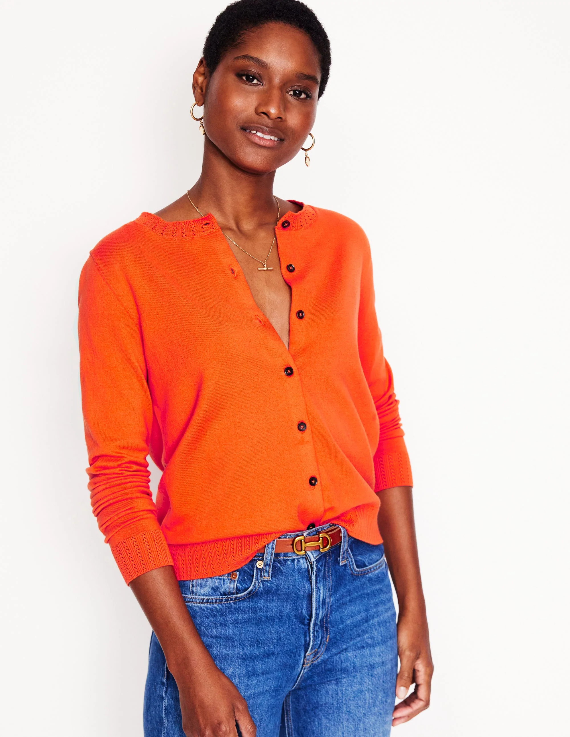Emilia Cotton Crew Cardigan-Mandarin Orange | Boden (US)