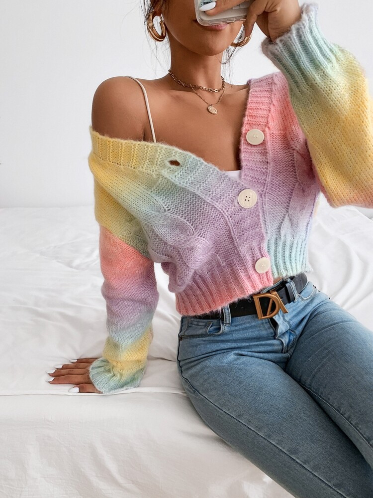 Ombre Cable Knit Drop Shoulder Cardigan | SHEIN