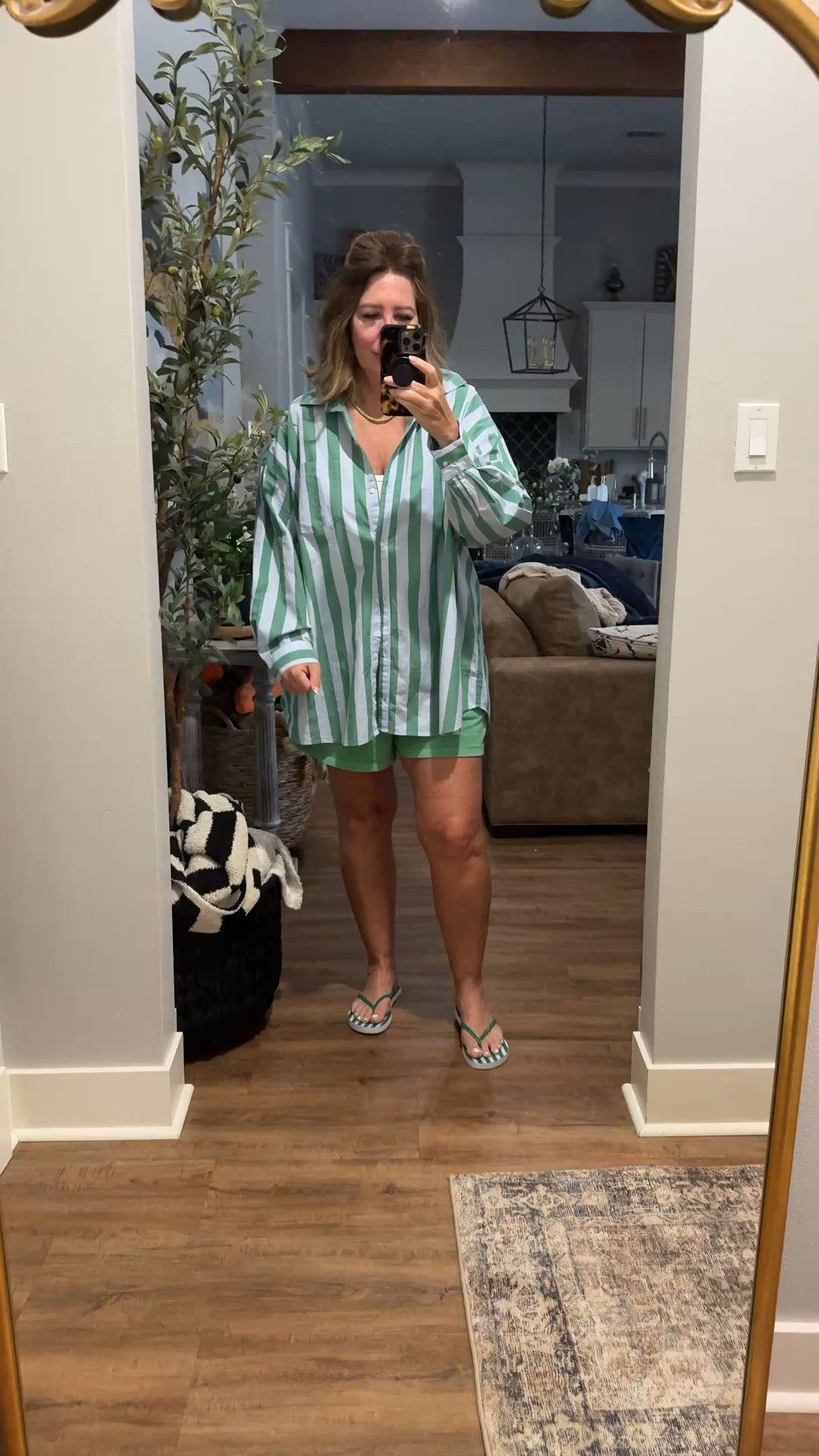 Causal summer break ootd

Striped shirt and solid shorts and matching flip flops 💚💙

Sized up to xxl I. Top 
Could also be a swim suit cover up

#LTKdayinmylife #LTKootd #LTKmomlife